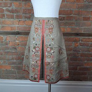 Ann Carson Skirt Linen Tan Lined Embroidery and Beading Front Pleat Size 10